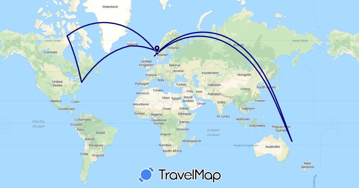 TravelMap itinerary: driving in Canada, Iceland, Norway, United States (Europe, North America)
